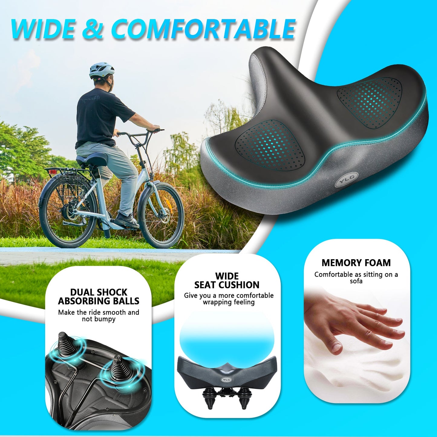 YS 6, YLG Oversize Bike Seat Cushion for Men Women - Extra Memory Foam for Firm Support