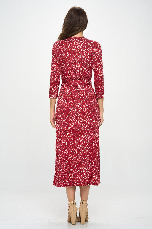 Brushed Knit Print V neck Jersey Wrap Maxi Dress with Tie