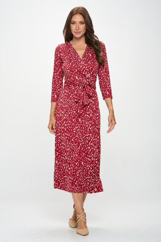Brushed Knit Print V neck Jersey Wrap Maxi Dress with Tie
