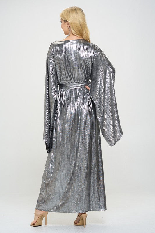 Metallic Dress with Bell Sleeve and Tie