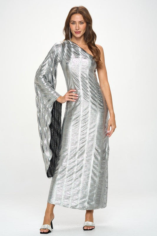 Metallic One Shoulder Bell Sleeve Maxi Dress