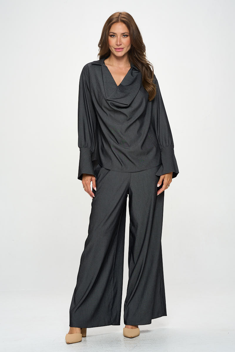 Denim Tencel Collared Cowl neck Top with Split Cuff