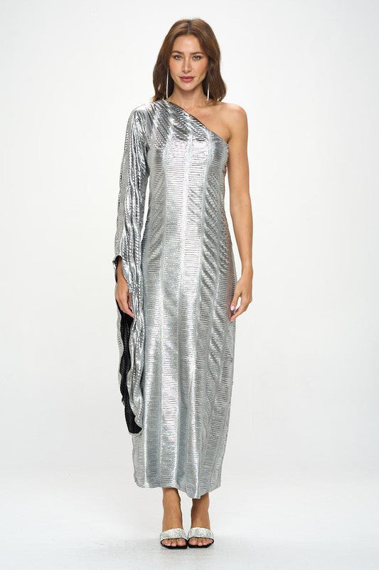 Metallic One Shoulder Bell Sleeve Maxi Dress