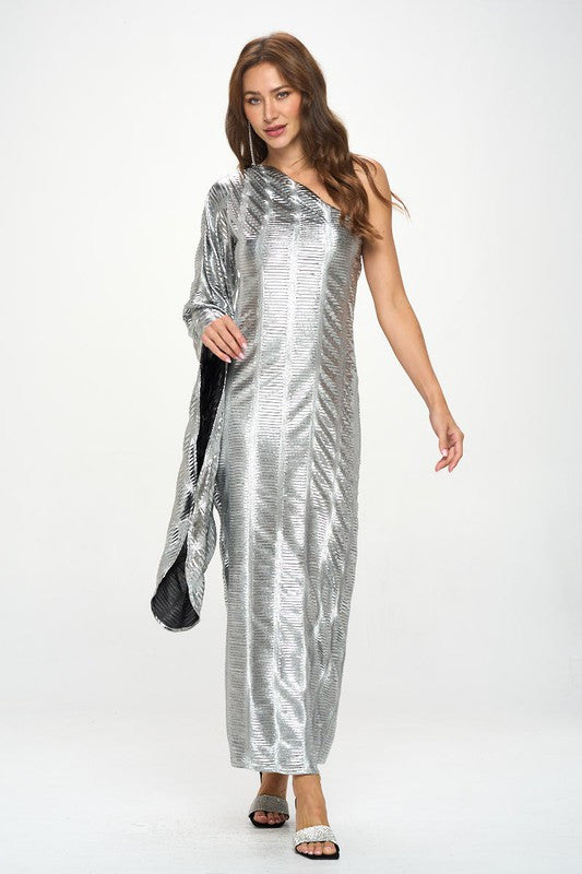 Metallic One Shoulder Bell Sleeve Maxi Dress