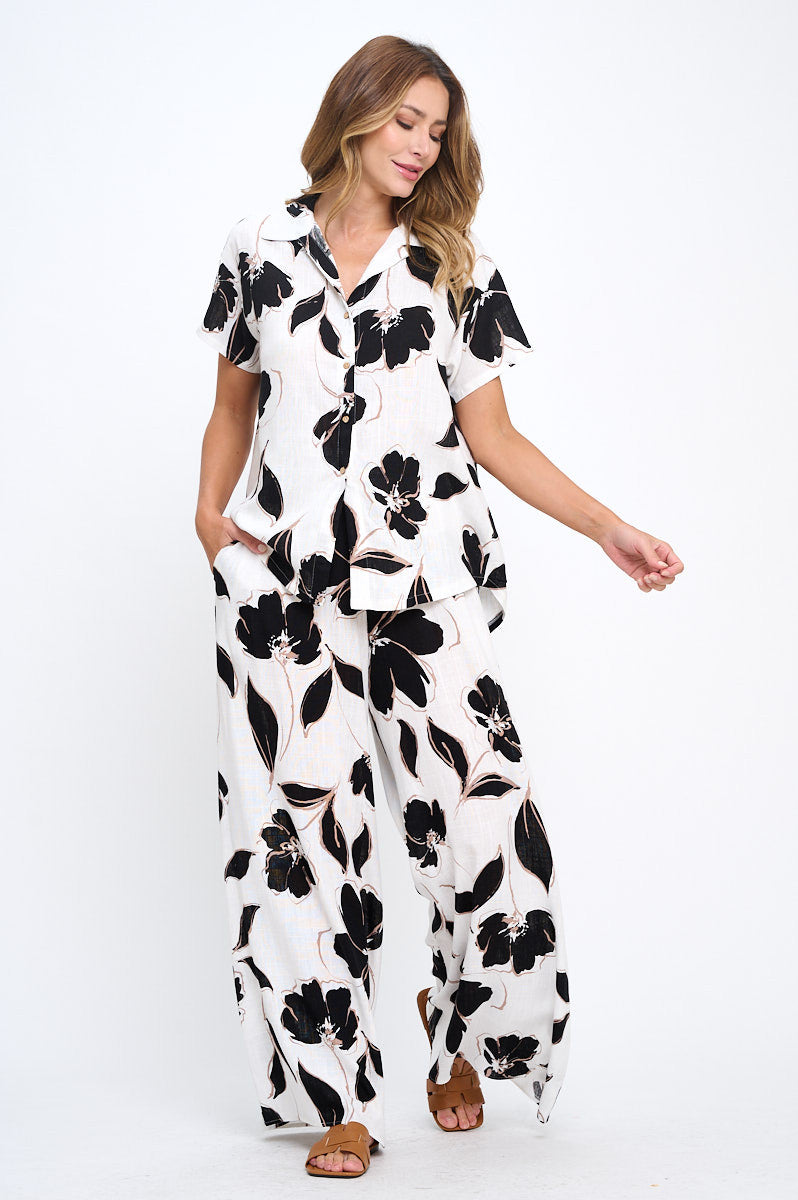 Floral Print V neck Short Sleeve Top with Collar and Buttons