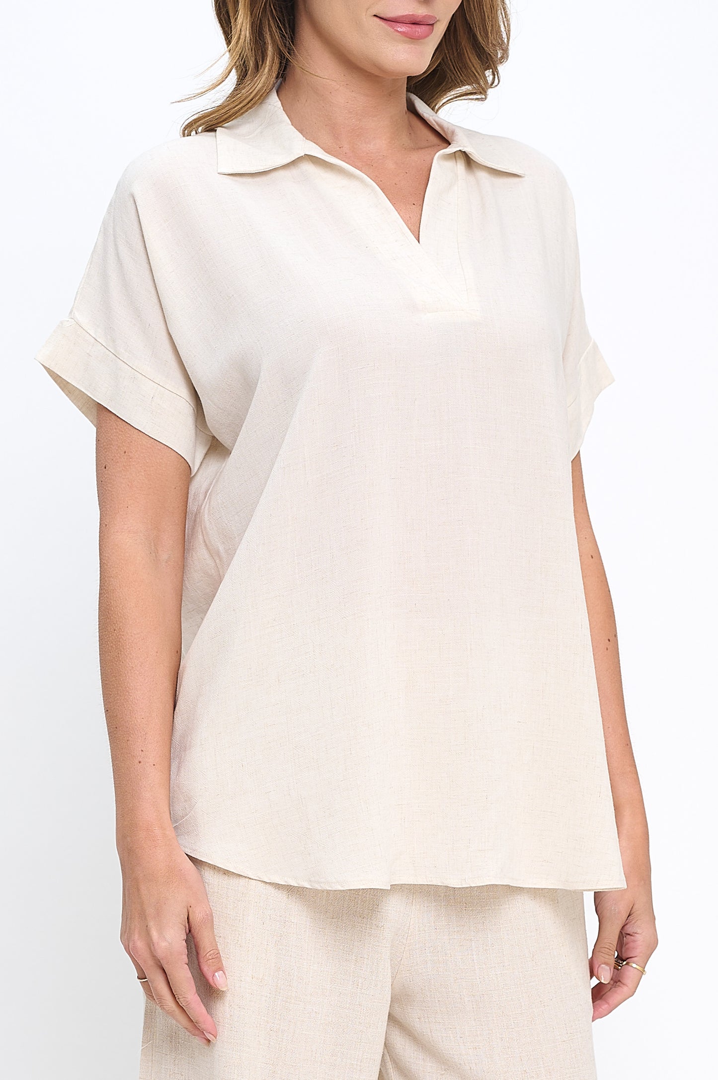Linen Solid V neck Collared Short Sleeve Top