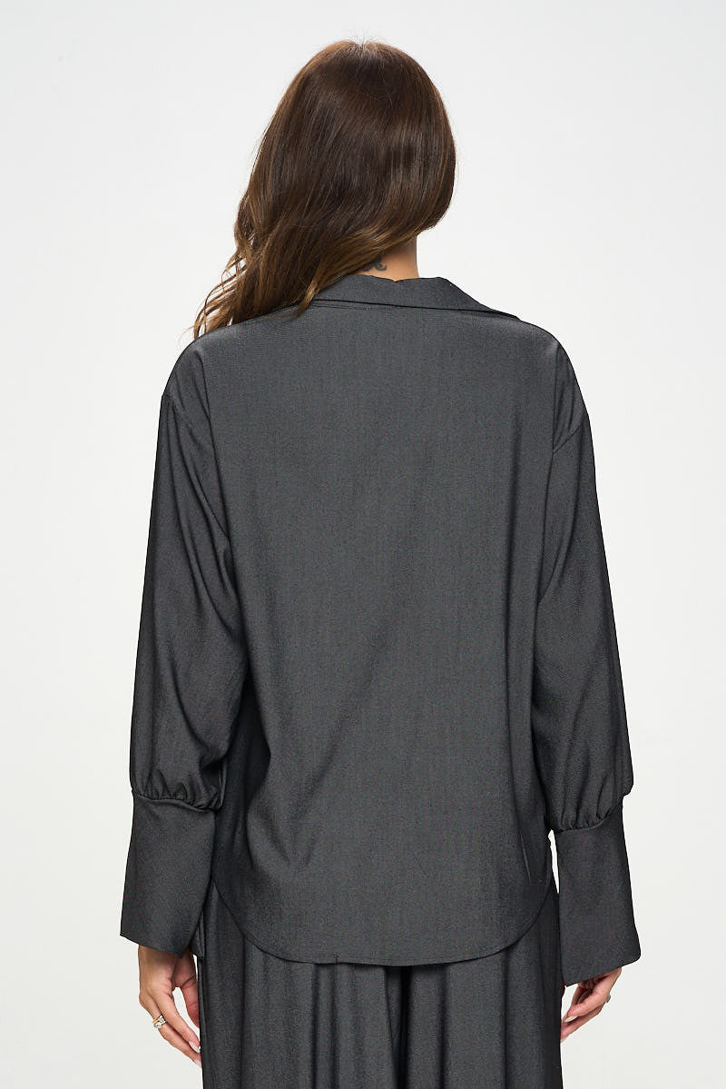 Denim Tencel Collared Cowl neck Top with Split Cuff