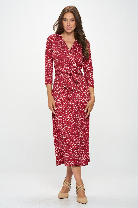 Brushed Knit Print V neck Jersey Wrap Maxi Dress with Tie