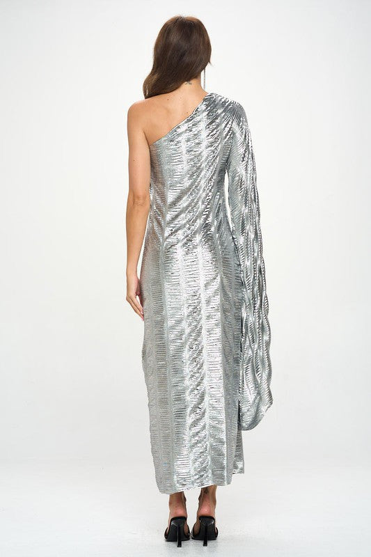 Metallic One Shoulder Bell Sleeve Maxi Dress