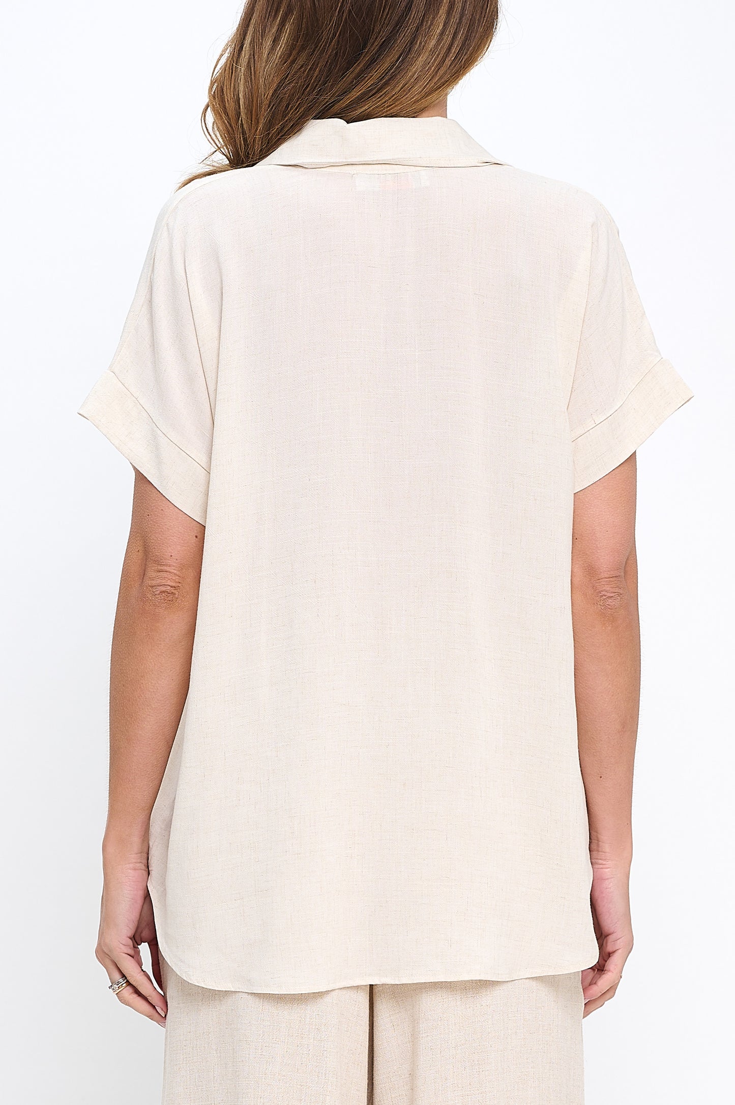 Linen Solid V neck Collared Short Sleeve Top
