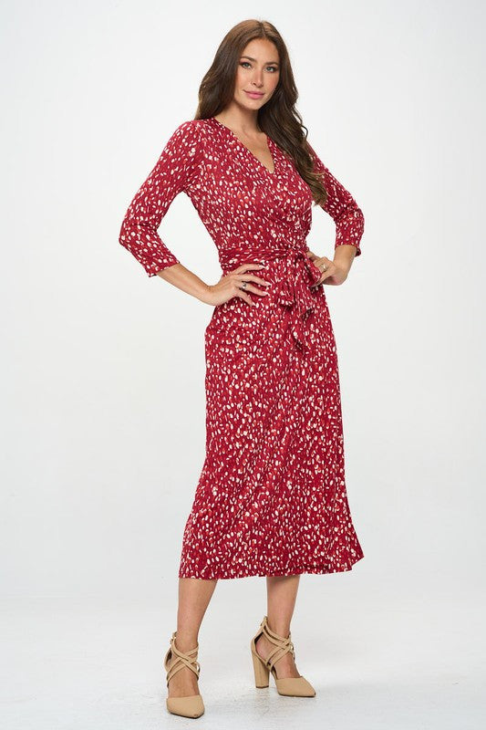 Brushed Knit Print V neck Jersey Wrap Maxi Dress with Tie