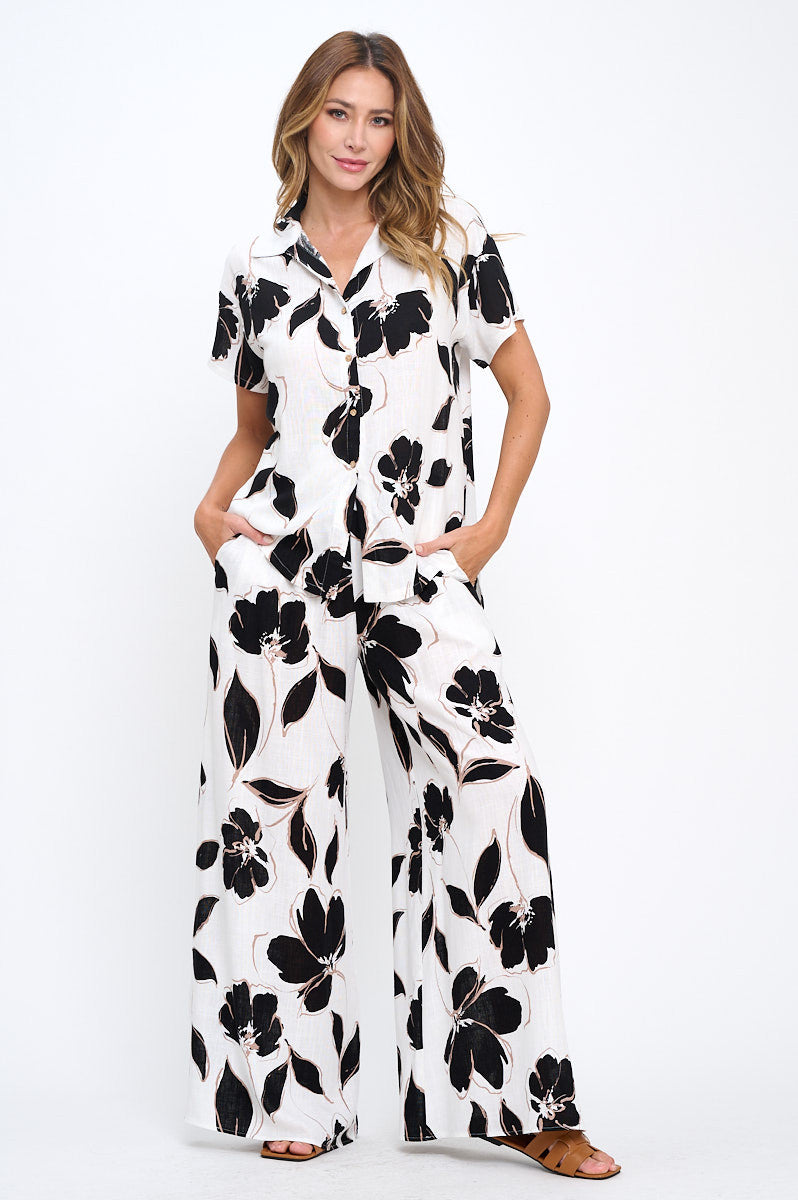 Floral Print V neck Short Sleeve Top with Collar and Buttons