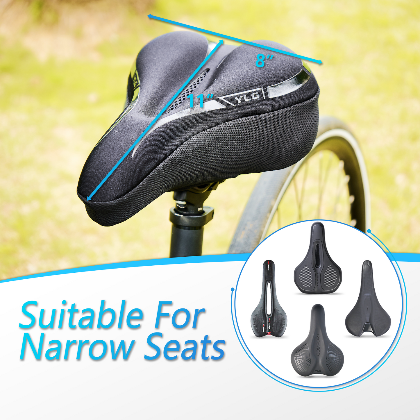 YC 4, YLG Memory Foam Bike seat Cover Black 11" x 7"