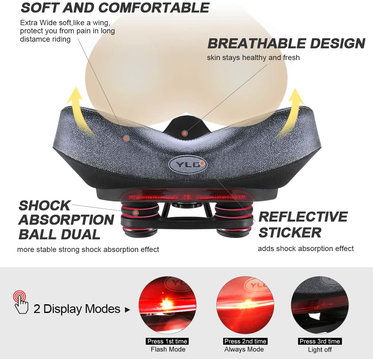 YS 5, YLG Wide Comfort Bike Saddle with Taillight