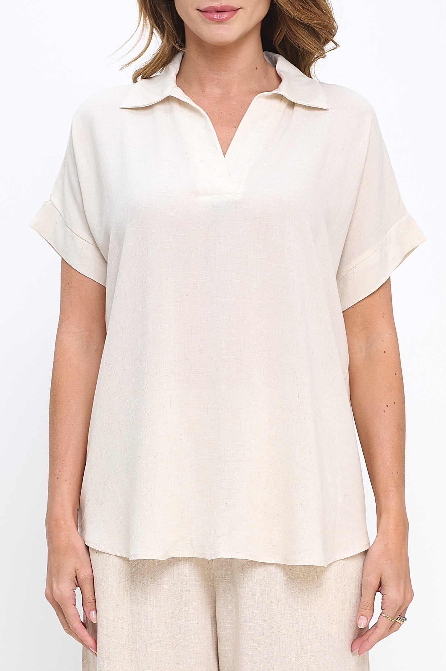 Linen Solid V neck Collared Short Sleeve Top