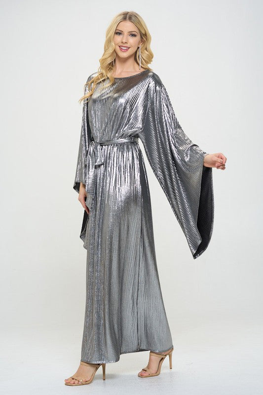 Metallic Dress with Bell Sleeve and Tie